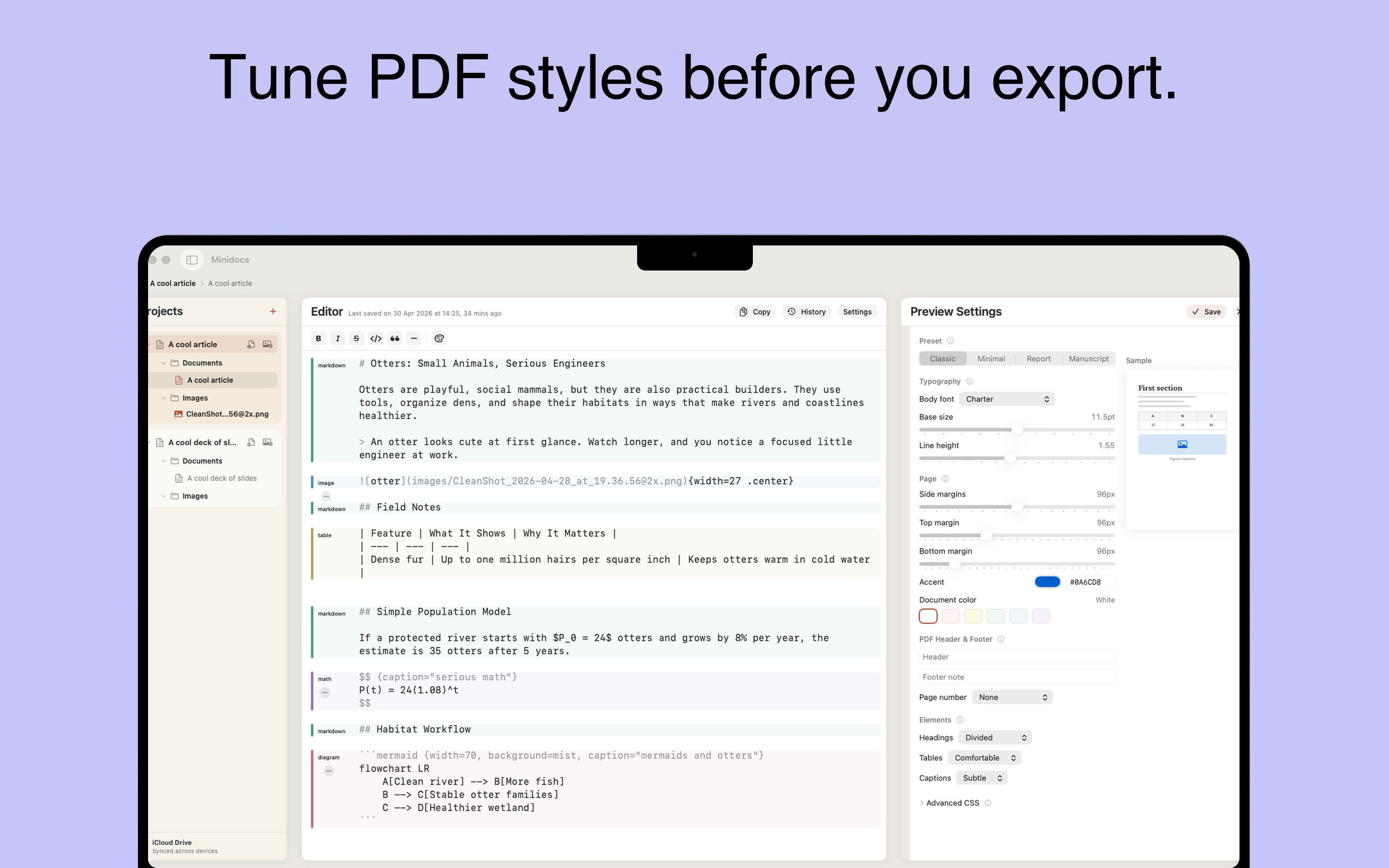 PDF style controls in Minidocs