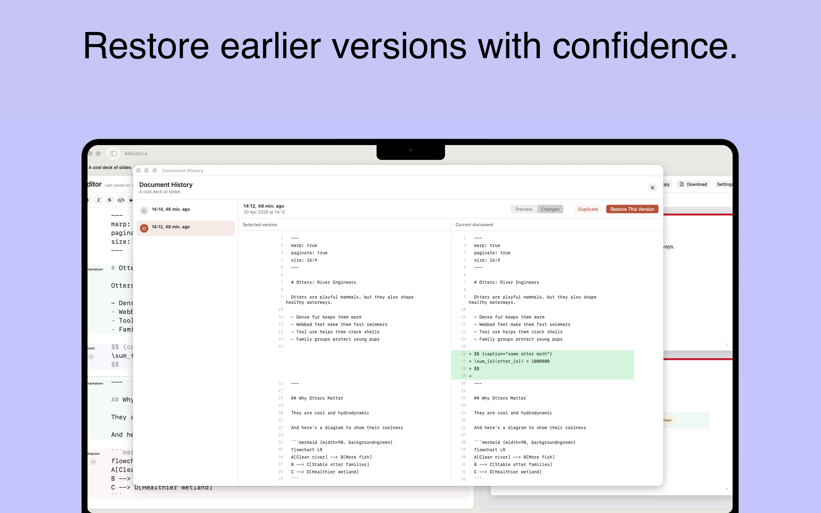 Document history and version compare in Minidocs