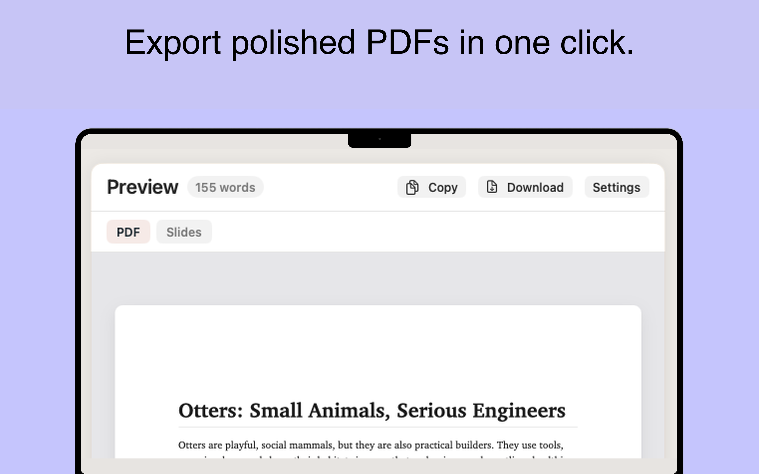 Polished PDF document with math and export controls in Minidocs
