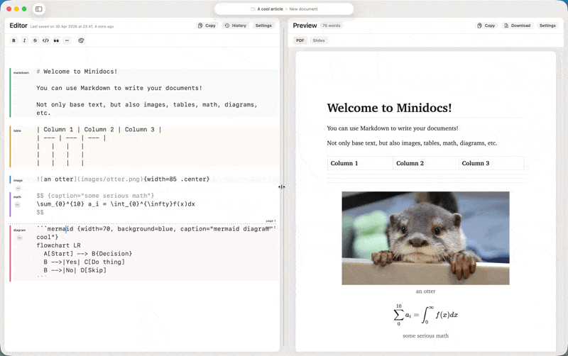 Clicking in the Minidocs editor to move the matching preview section into view