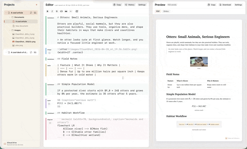 Opening Minidocs document history to compare and restore an earlier version