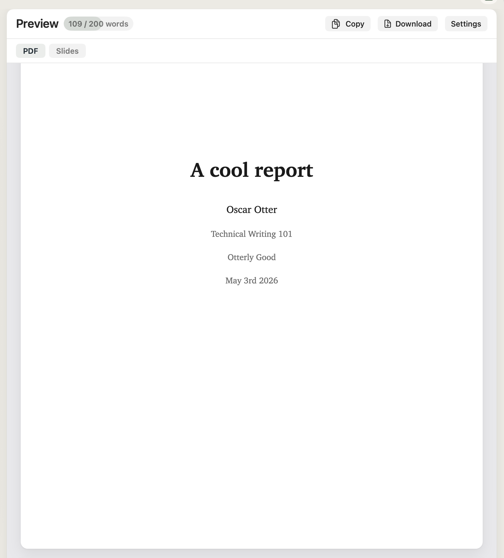 The cover page rendered as page 1 of the PDF — title, author, course, instructor, and date centred on a clean page.