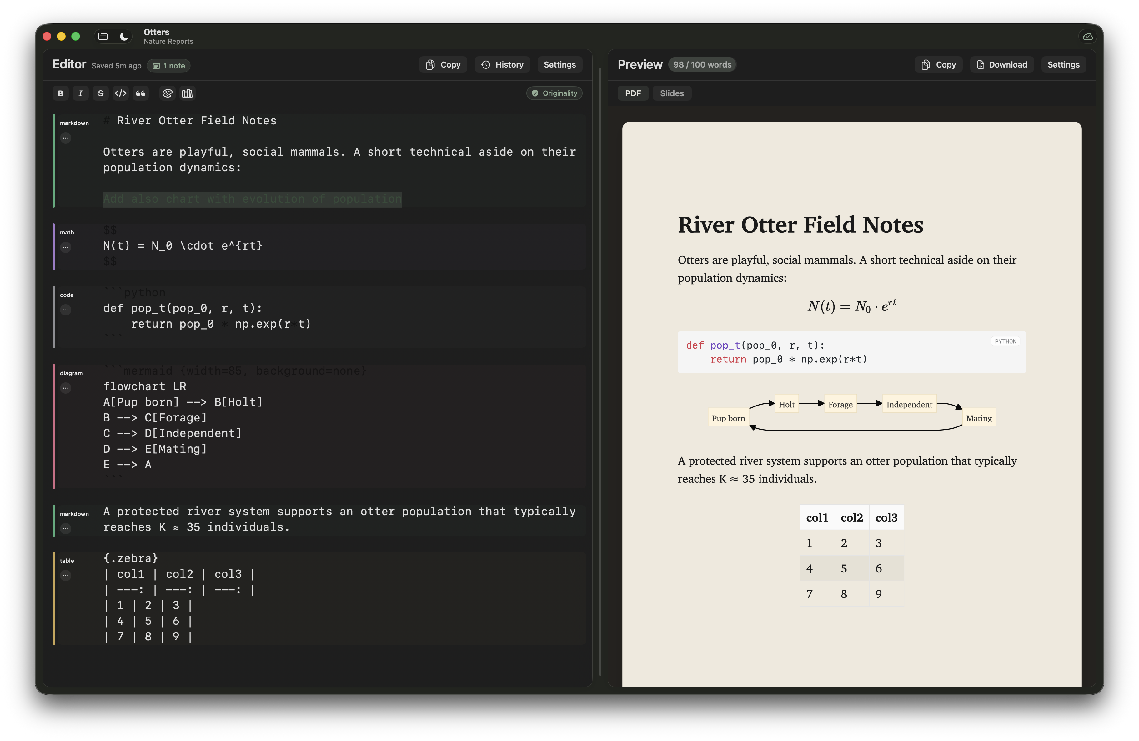 The same Otters project in dark mode — chrome dimmed, the page surface a dimmed parchment rather than pure black.