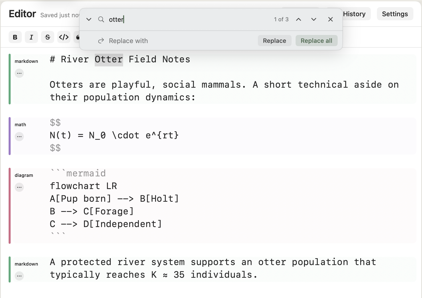 The Minidocs editor showing block rails in the gutter and the find-and-replace popover open with three matches.