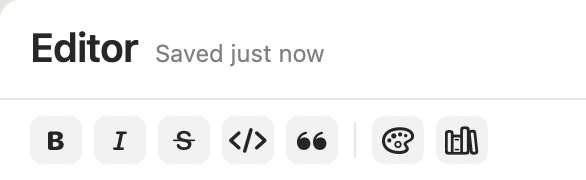 Close-up of the Minidocs formatting toolbar above the editor — bold, italic, strikethrough, inline code, blockquote, colour, and source icons.