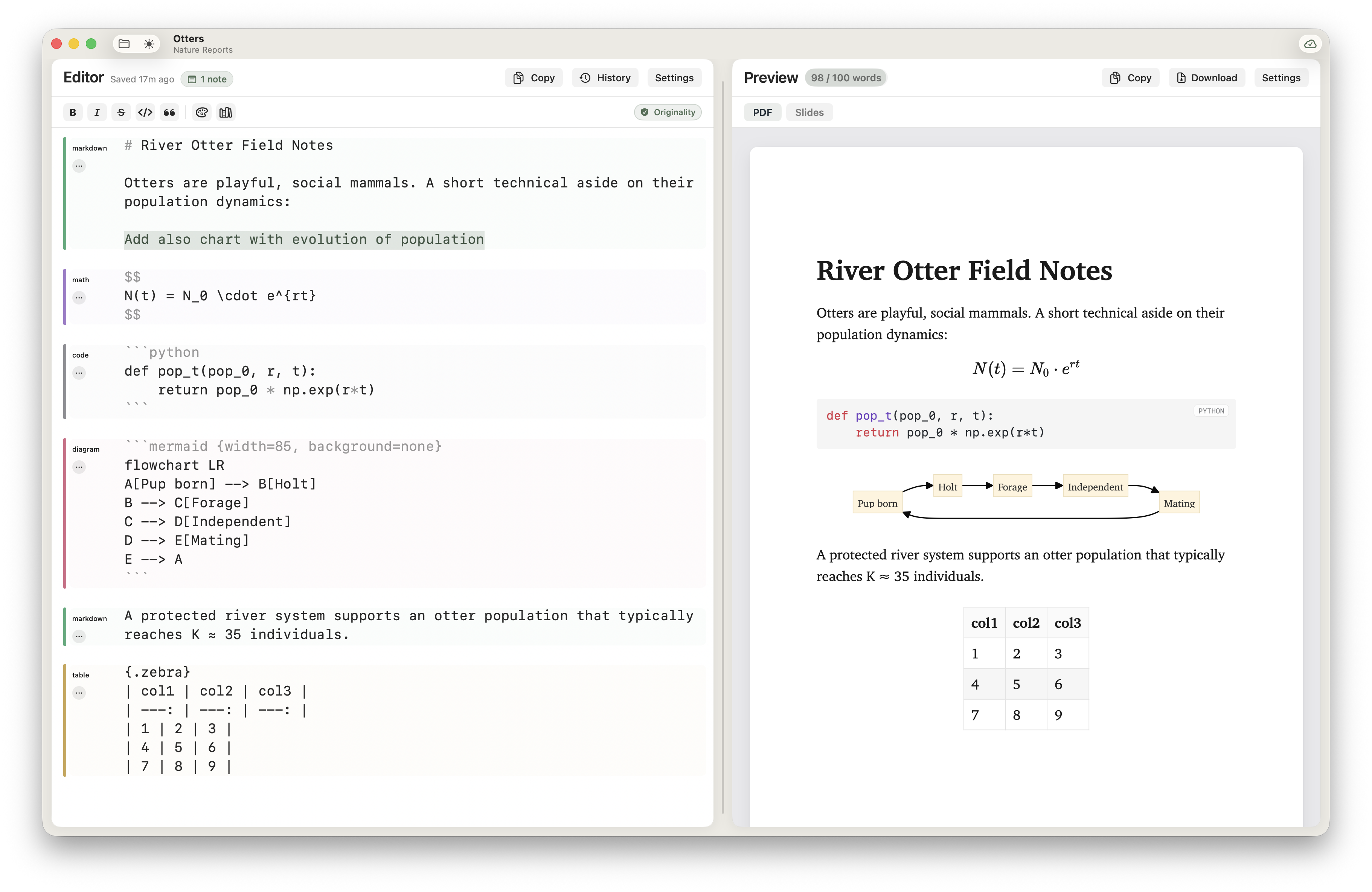 The Minidocs window with a project loaded — editor on the left, live preview on the right.