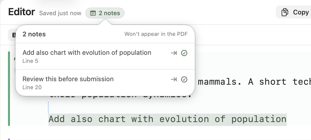 The notes popover open from the chip, listing two notes with text, line number, jump, and resolve buttons.