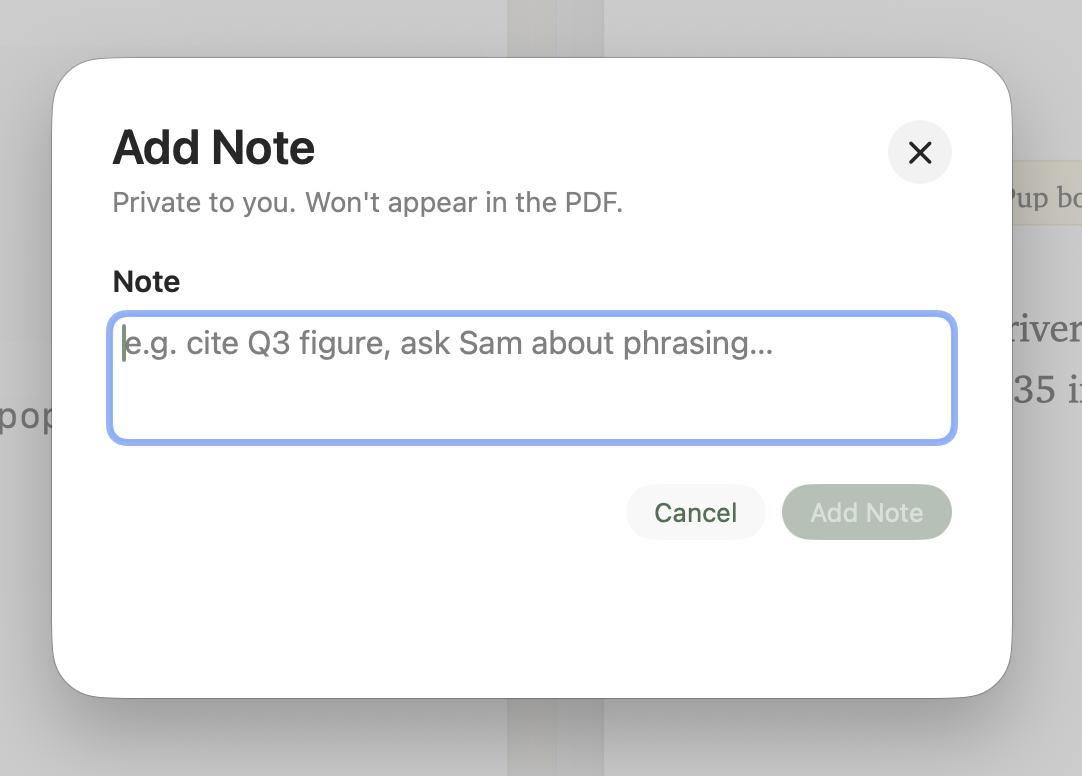 The Add Note sheet open with the placeholder 'cite Q3 figure, ask Sam about phrasing'.