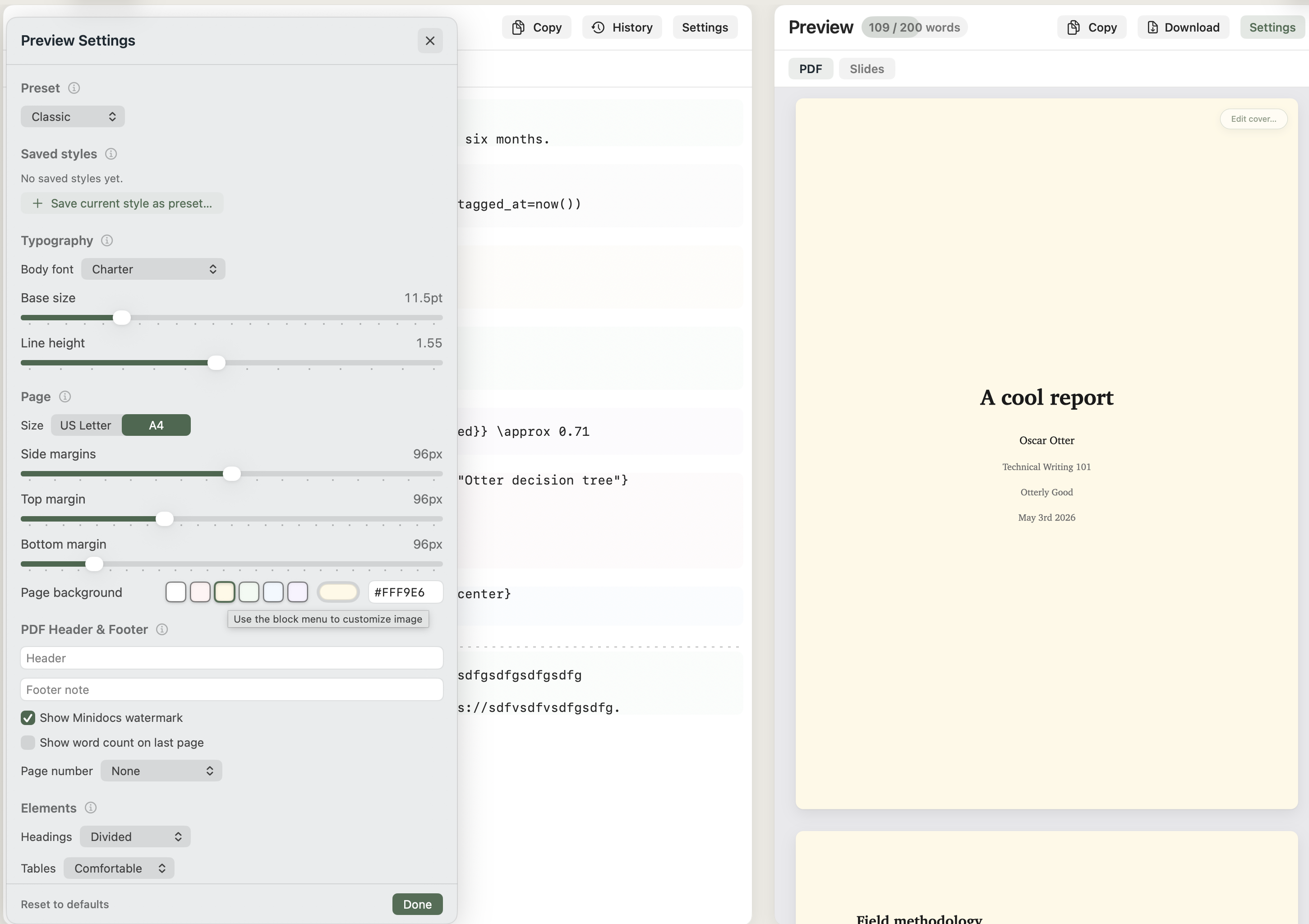 The PDF Preview Settings panel open with Preset, Saved styles, Typography, Page (with the paper-colour picker open showing the Butter swatch), Headers, Footers, and Watermark sections visible.