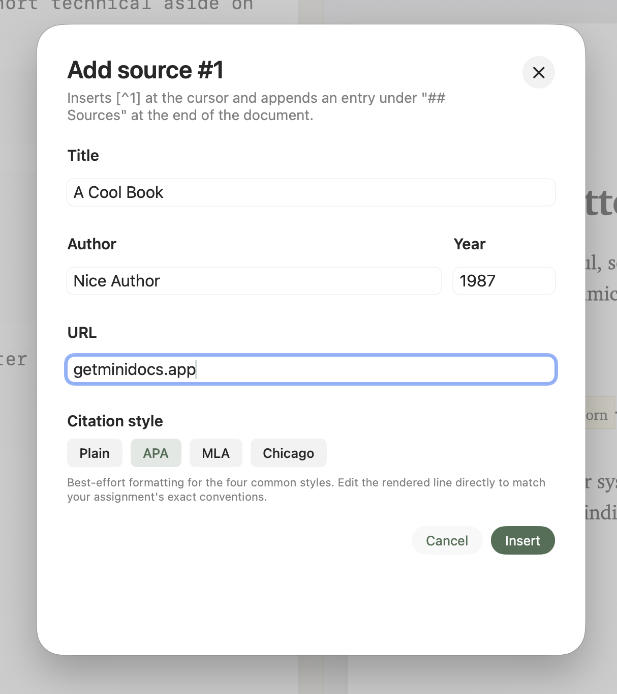 The /source slash command sheet with title, author, year, URL, and four citation styles (Plain, APA, MLA, Chicago).