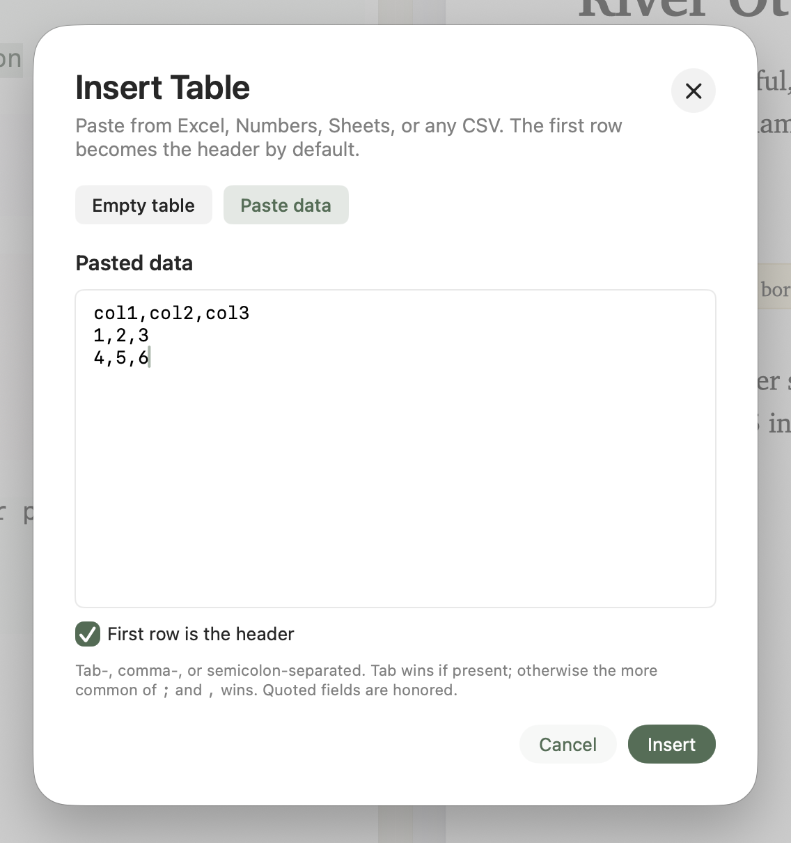 The /table sheet on its 'Paste data' tab with a CSV pasted in the textarea.
