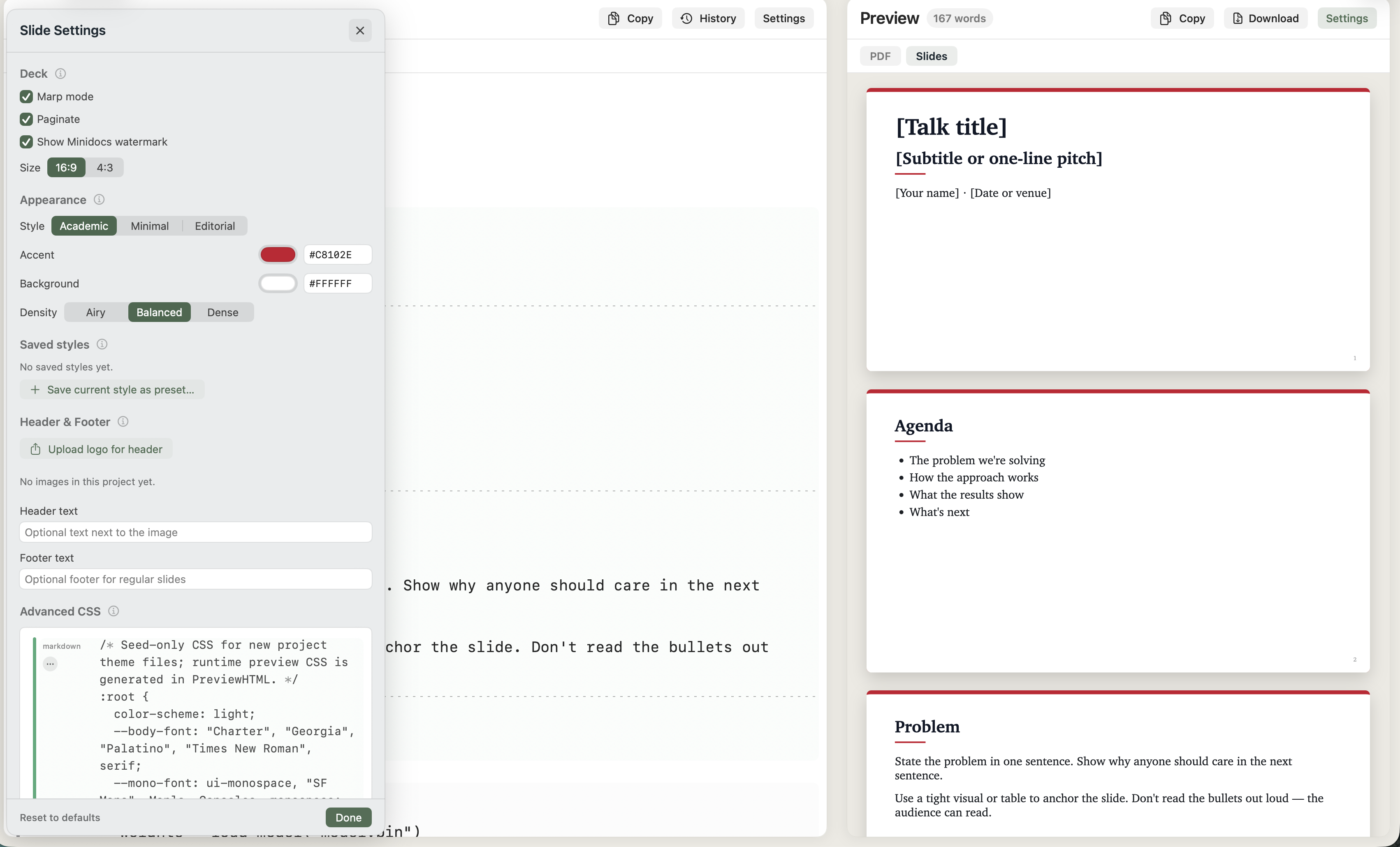 The Slide Settings panel with Marp toggle, size, style preset, accent, background, density, header/footer, and advanced CSS sections.