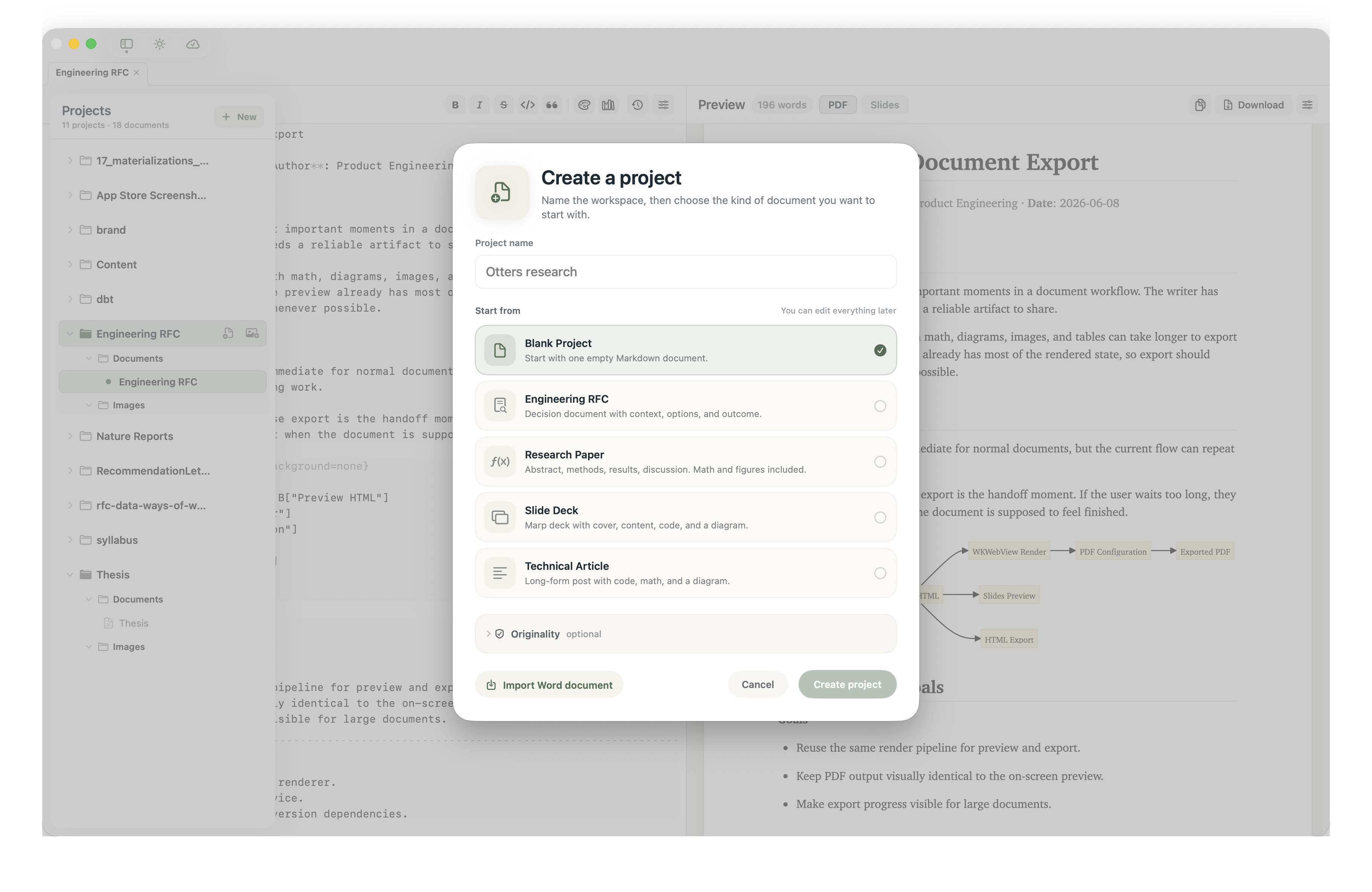 Minidocs showing the create project sheet with reusable Markdown templates for RFCs, research papers, slide decks, and technical articles